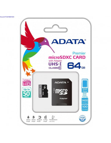 Mlukaart 64 GB microSDXC CL10 Adata AUSDX64GUICL10A1RA1 4233