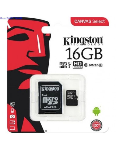 Mlukaart Micro SDHC 16GB Kingston  adapter Class10 601