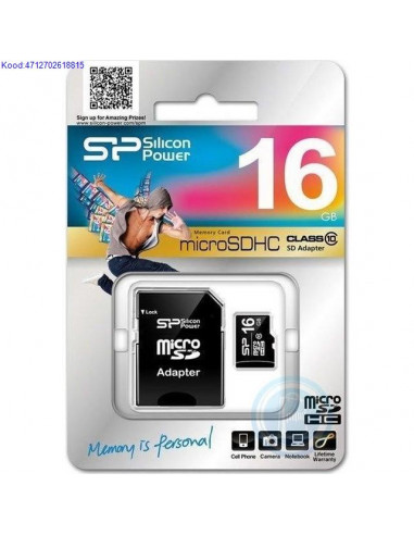 Mlukaart Micro SDHC 16GB Silicon Power Class10  adapter 608